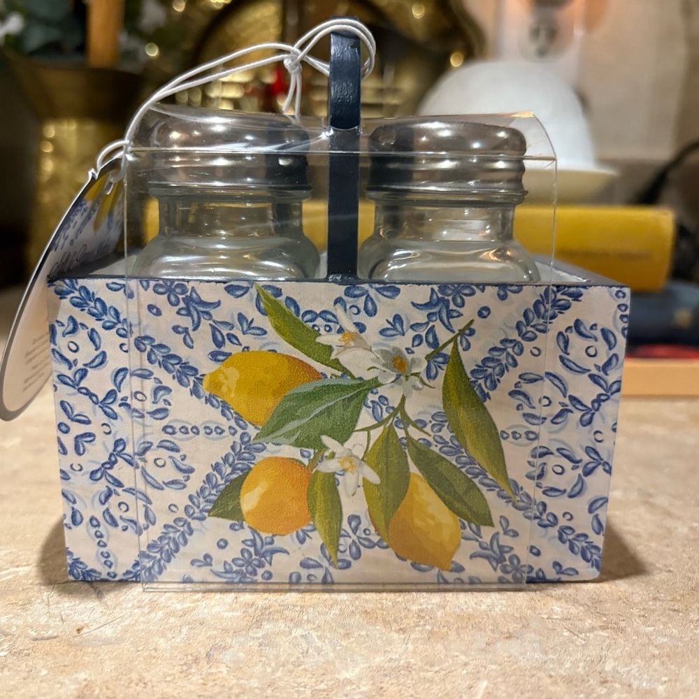 Lemon Patterned Salt and Pepper Caddy Set NWT